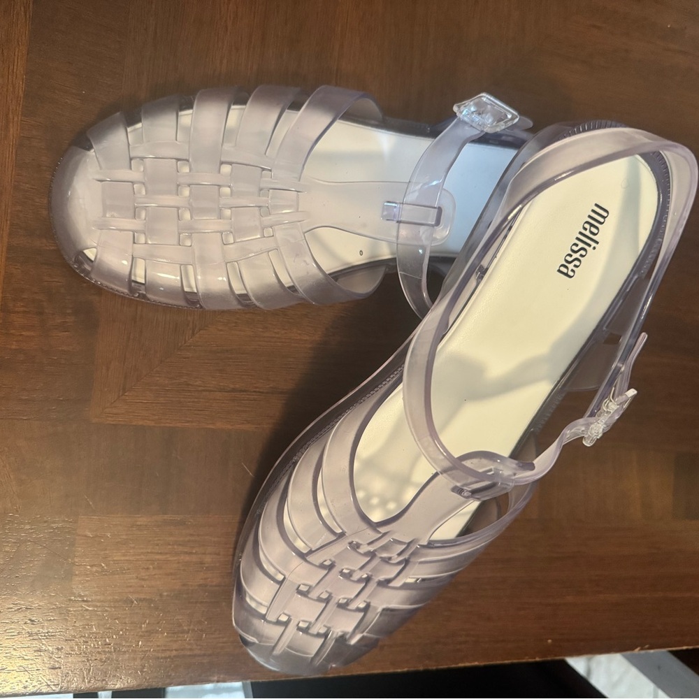 Clear Melissa sandals, size 10 only worn twice, in perfect condition.